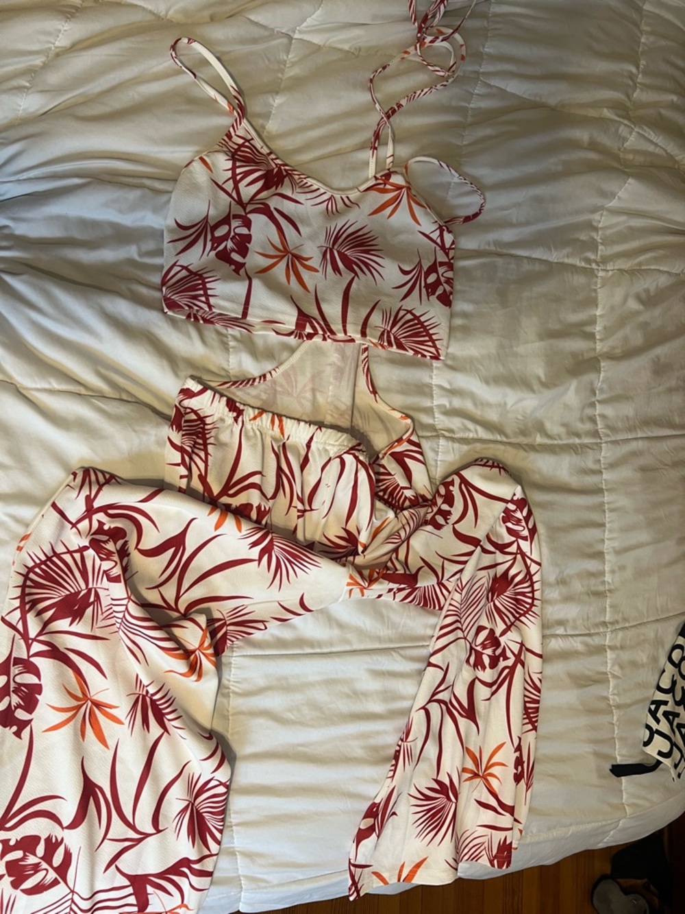 SHEIN White Tropical Print Cutout Jumpsuit with Red & Orange Leaves